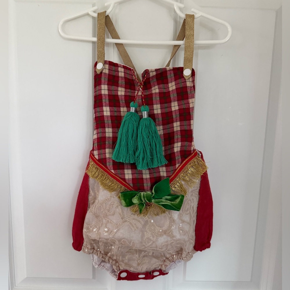 CUTEST Holiday Outfit Ever! Handmade Plaid and Lace Girls Bodysuit - Size 3/4t